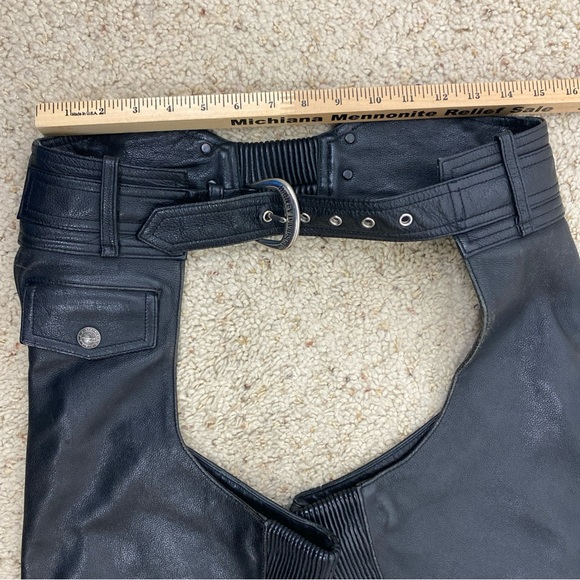 Harley Davidson Chaps Women XS Black Leather Riding Genuine Flared Leg Snap Away - Picture 7 of 9